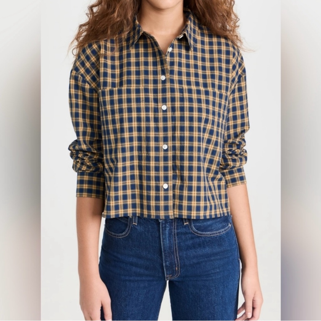 Madewell Navy And Yellow Plaid Button Down Shirt